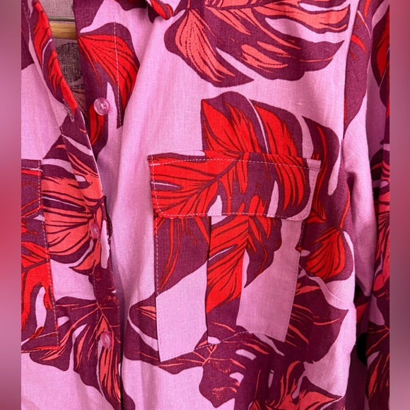 Sofia by Sofia Vergara Pink & Red Leaf Tropical Button Down Linen Shirt Size XS - Picture 3 of 6
